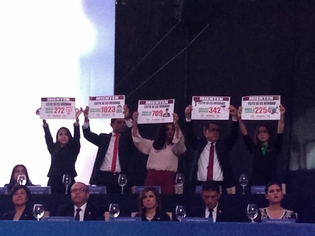 Regidores exhiben carteles en el informe de Héctor López Santillana