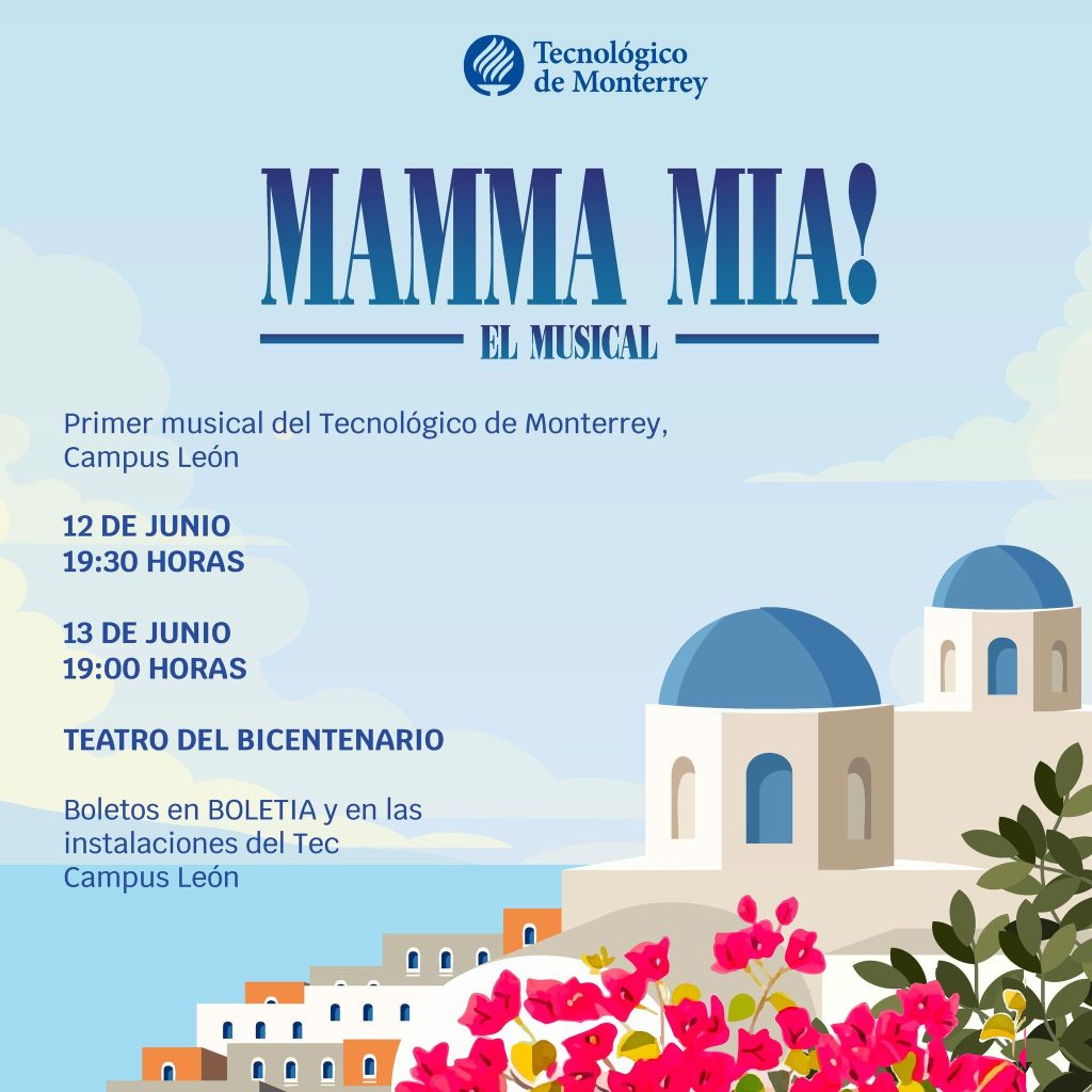 Cartel oficial de Mamma Mia El Musical en León 2026.
