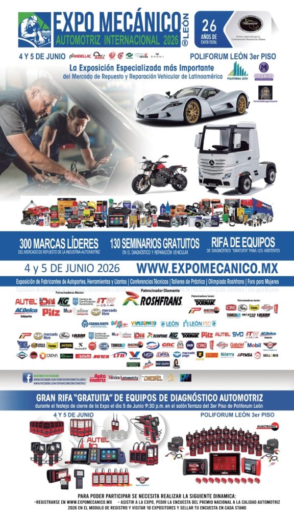 Cartel oficial de la Expo Mecánico Automotriz Internacional 2026 en León.