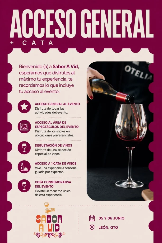 Evento gastronómico y vinícola en León con catas y música en vivo.
